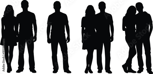 Modern couple silhouette collection, standing and walking together, romantic relationship lifestyle concept, casual man woman poses, black vector illustration
