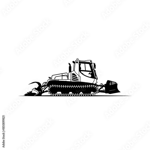 Vector icons Black and White Illustration of a Snowcat Vehicle with a Plow and Mulcher. EPS Editable