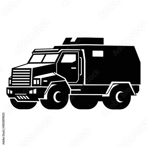 Vector icons Black and white silhouette of a heavy armored truck vehicle. EPS Editable