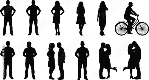 People silhouette activity set, standing walking couple romance and bicycle lifestyle scenes, modern everyday poses, black vector illustration
