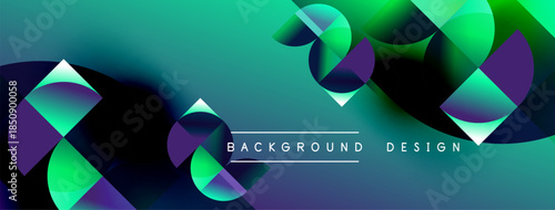 Abstract geometric shapes blend vibrant blues, greens, purples. Modern design creates dynamic visual experience. Background features text overlay.