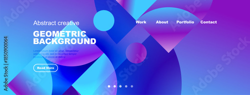 Abstract geometric background with blue hues. Website header includes navigation options, text, button. Modern design elements present.