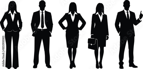 Professional business people silhouettes, confident corporate men and women poses, leadership teamwork concept, formal office attire, black vector illustration