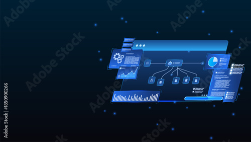AI workflow automation artificial intelligence. ai agent network diagram dashboard machine learning showing connected automation workflow, analytics charts, data panels and automation system.