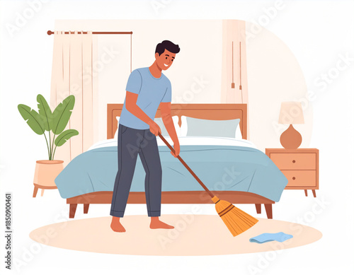 A man in a blue t-shirt and dark pants is sweeping the floor with a broom in a cozy bedroom, tidying up the space.