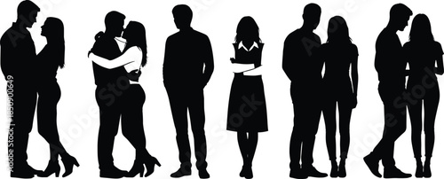 Romantic couple silhouette collection, intimate love moments, standing and embracing partners, modern relationship lifestyle poses, black vector illustration