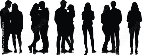 Romantic couple silhouette collection, intimate relationship moments, standing and walking together, modern love lifestyle poses, black vector illustration