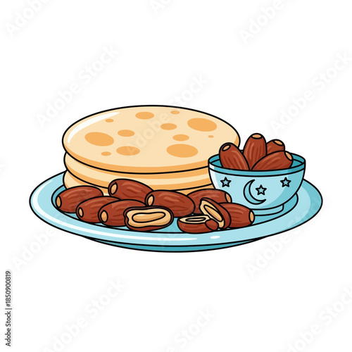 Vector icons Cartoon illustration of dates and flatbread for Ramadan Iftar meal. EPS Editable