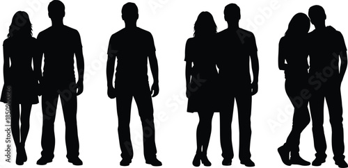 Silhouette couple set, standing and walking together, contemporary relationship lifestyle concept, young man woman poses, black vector illustration