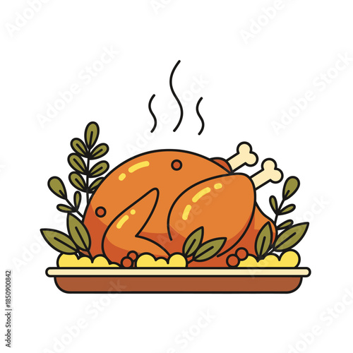 Vector icons Cartoon Roasted Turkey Dinner on a Platter with Garnish. EPS Editable