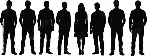 Standing people silhouette group, men and women figures, casual modern lifestyle poses, anonymous crowd concept, black vector illustration