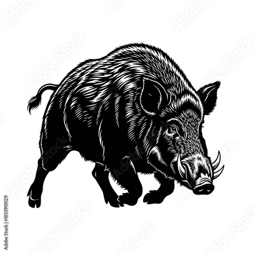 Detailed Black and White Illustration of a Wild Boar.
