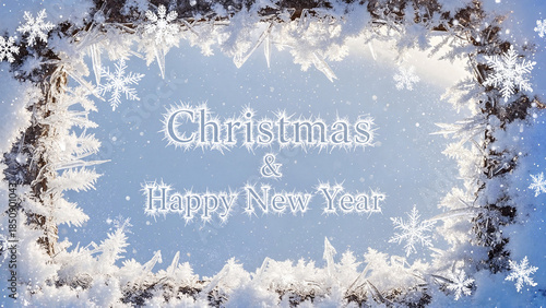 Christmas and Happy New Year greeting card design with snowflakes and winter decoration, with copy space