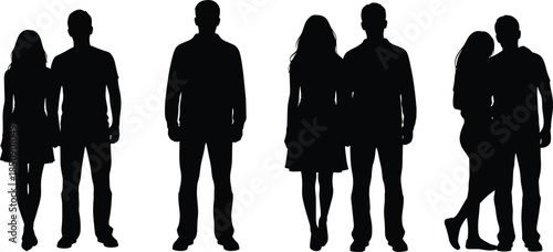 Young couple silhouette collection, standing and walking together, modern relationship concept, casual lifestyle poses, black vector illustration