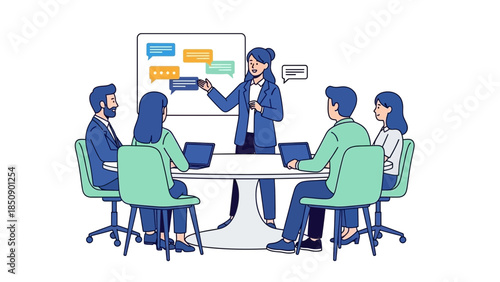 business team meeting or presentation with diverse colleagues discussing ideas in a modern office