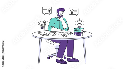 Creative thinker working on ideas at desk with multiple lightbulb icons for innovation and problem