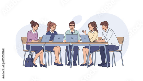 group of five young professionals working collaboratively on laptops during a team meeting in a