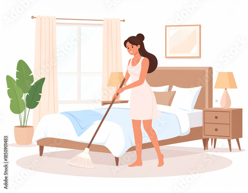 A young woman in a light dress is sweeping the floor in a cozy bedroom with a bed, nightstands, and a potted plant.