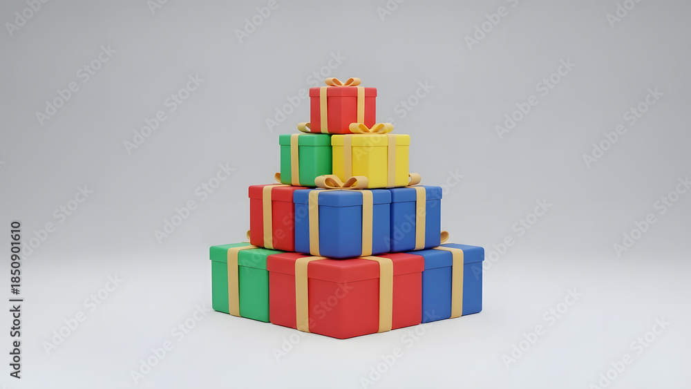 Naklejka premium Vibrant Stack of Colorful Gift Boxes with Ribbons on White Background