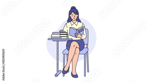 Illustration of a woman sitting on a chair reading a book with a stack of books nearby
