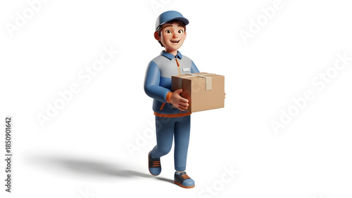 Smiling 3D delivery man in uniform holding a package, ready for service, isolated on white background