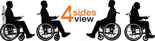 Wheelchair user silhouette illustration showing four sides view, disabled people mobility accessibility medical healthcare concept