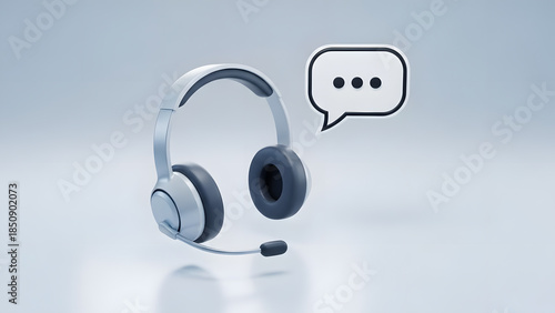 3D headset with microphone and chat bubble. Online customer service, support, communication, helpdesk concept on blue background.
