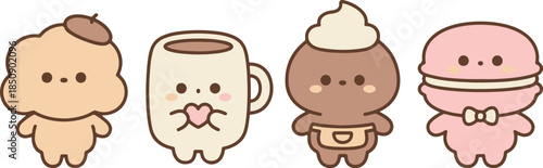 Cute Cafe and Bakery Mascot Vector Set. Kawaii Macaron, Mug, and Cookie Characters.