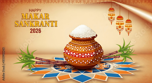 Happy Makar Sankranti 2026, minimalistic poster/banner for Sankranti theme wishes