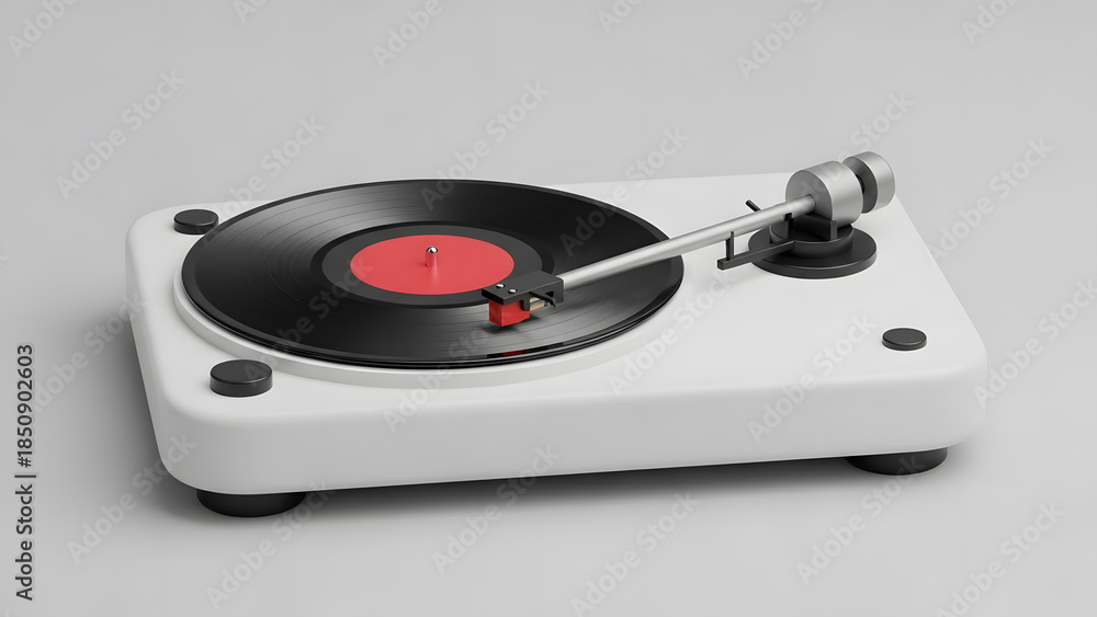 Fototapeta premium Modern White Turntable with Black Vinyl Record and Red Label