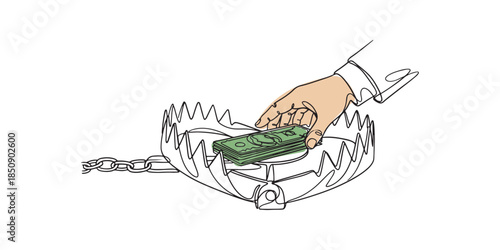 Illustrator vector single continuous line drawing of a hand reaching for money banknote inside a metal bear trap, business trap, greed, scam bait, debt, and dangerous investment.