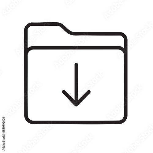 A simple black and white line drawing depicts a folder icon with a downward pointing arrow inside