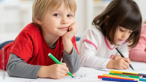 Wallpaper Mural Creative Minds at Play: A close-up view captures two young children immersed in a world of art and imagination, focused intently on coloring with vibrant markers.  Torontodigital.ca