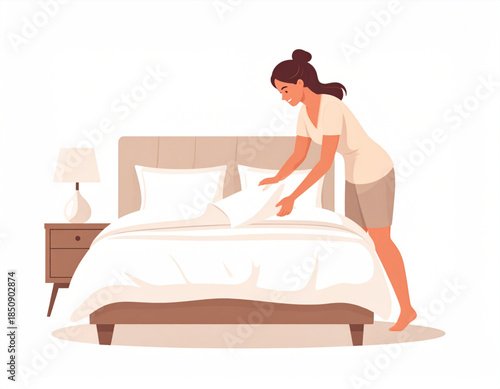 A woman making a bed, arranging pillows and bedding in a bedroom setting.