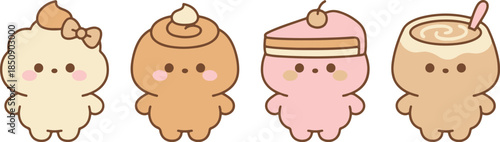 Cute Dessert and Pastry Mascot Vector Set. Kawaii Cream Puff, Cinnamon Roll, Cake, and Pudding Characters.