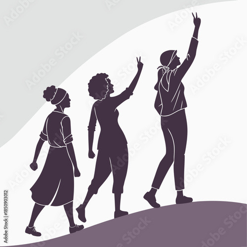 Silhouette of a Group of Women Showing Victory Sign – Empowerment Vector Illustration
