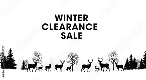Black and white winter clearance sale banner featuring a forest silhouette with deer