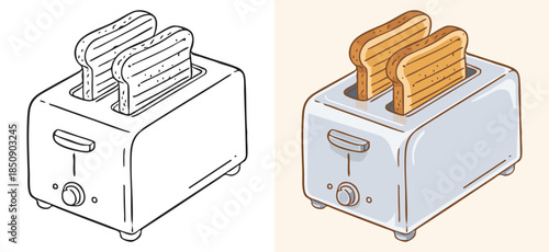 Vector illustration of a kitchen toaster with two slices of toast. Includes a colored version and a black and white line art version. Ideal for breakfast menus, kitchen icons, and culinary designs.