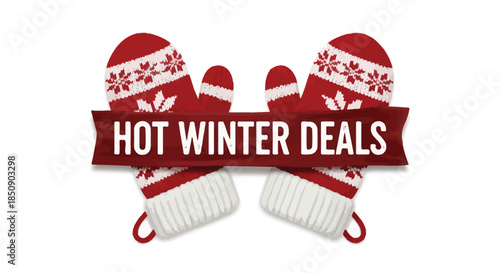 Festive red and white knitted winter mittens advertising hot sale deals on a white background