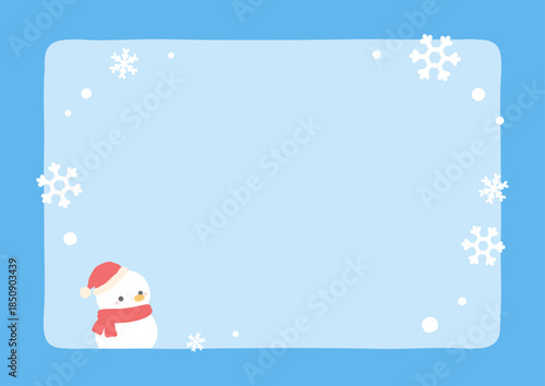 雪だるまと雪の冬フレーム 冬の背景イラスト