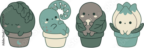 Cute Fantasy Potted Plant Mascot Vector Set. Kawaii Sleeping Vegetable, Fern, and Magic Seed Characters.