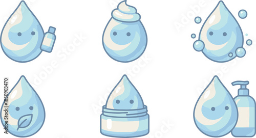 Cute Water Drop Skincare Mascot Set. Kawaii Blue Droplets Holding Beauty Products and Bubbles.