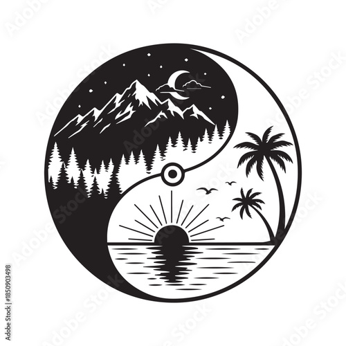 Yin Yang nature landscape vector illustration depicting day and night duality with mountains, forest, moon, beach, palm trees and sun.
