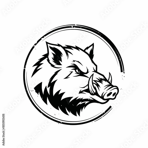 Monochrome Boar Head in Circle Frame with Aggressive Expression.