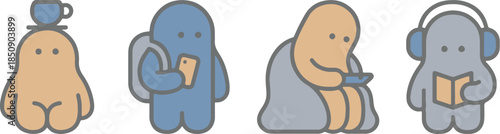 Cute daily routine character set: coffee, studying, sleeping, and music.