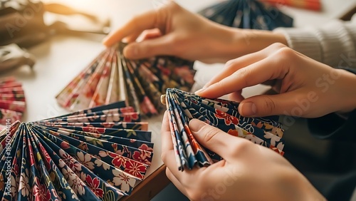 Crafting Japanese Style Paper Fans with Floral Patterns and Delicate Folds