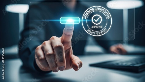 Hand interacts with screen displaying 'Approved' standard certification seal