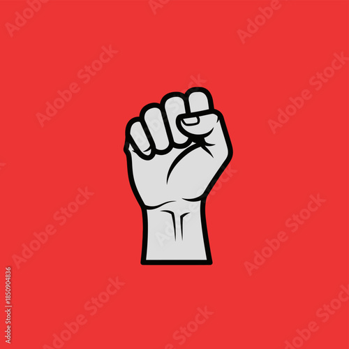 Raised Fist Symbol of Solidarity and Resistance on Red Background.