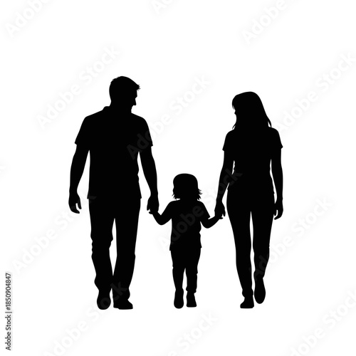 Silhouette of a family walking together hand in hand.