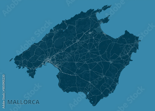 Map of Mallorca Island. The island is rendered in a dark teal color, with a network of white lines representing roads and pathways across the terrain.